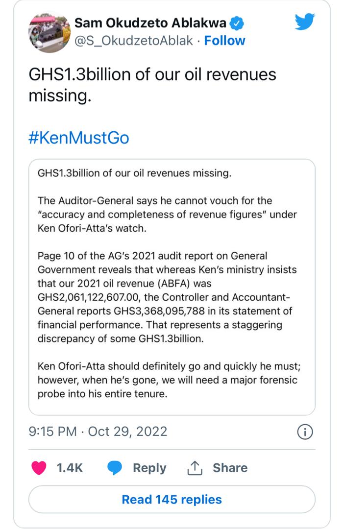 1.3 billion oil revenue missing