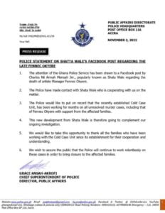 ghana police response to shatta wale’s rant on bulldog’s involvement in fennec okyere’s murder.