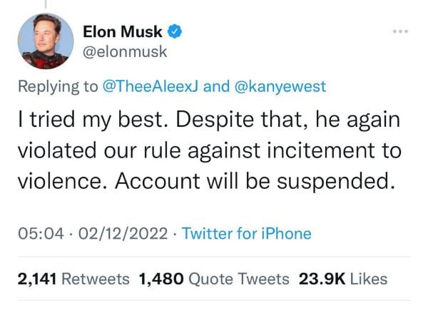 elon musk tweet on kanye west