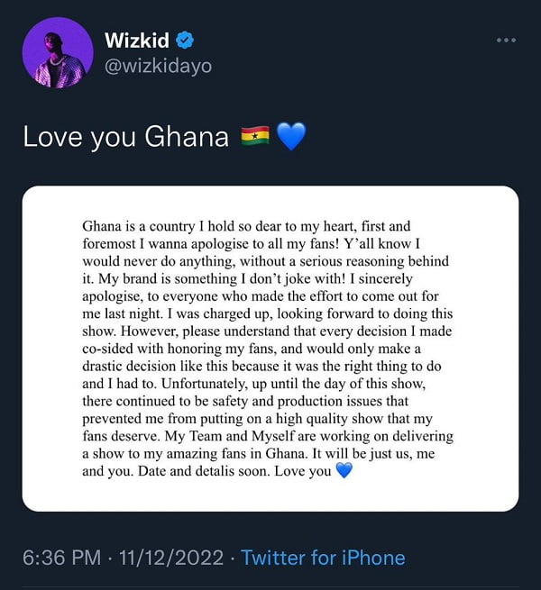 wizkid apology to ghanaian fans