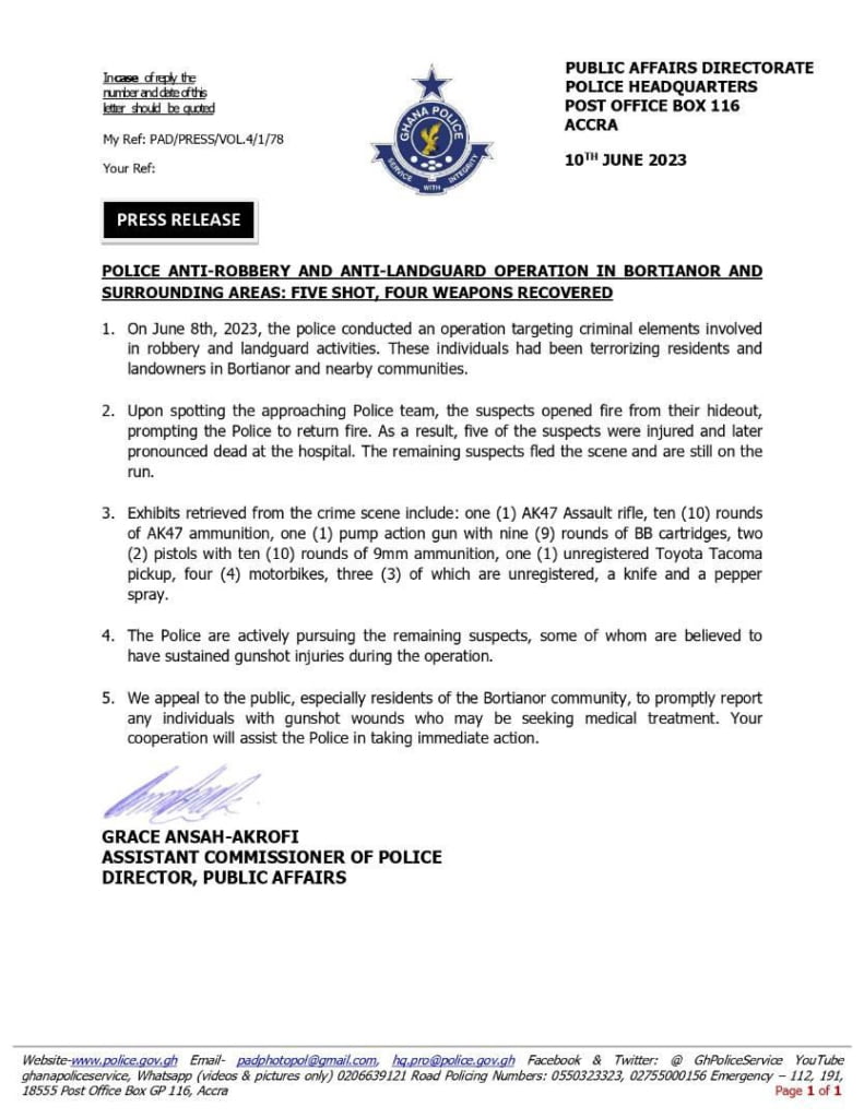Police Operation in Bortianor Results in 5 Fatalities and Weapons Recovery