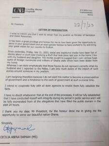 cecilia dapaah's resignation letter