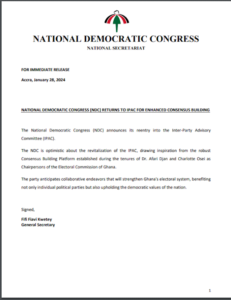 The National Democratic Congress (NDC) has officially announced its re-entry into the Inter-Party Advisory Committee (IPAC)