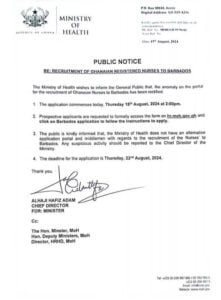 public notice ministry of health to recruit nurses to barbados