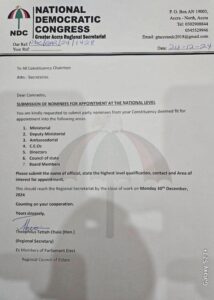 statement national democratic congress' (ndc) call for national appointment