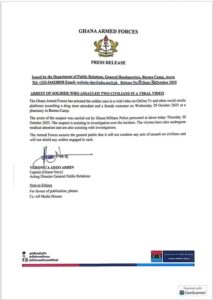 press release, the ghana armed forces responds to the alleged viral video of assault by a military officer