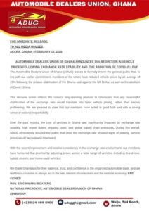 statement automobile dealers union of ghana announces 15% vehicle prices